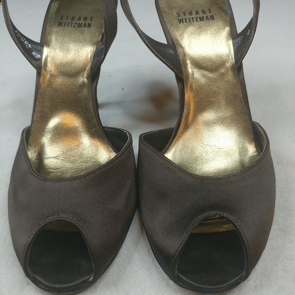 Stuart Weitzman Brown Satin Peep Toe Sling Back 4" - Picture 1 of 8